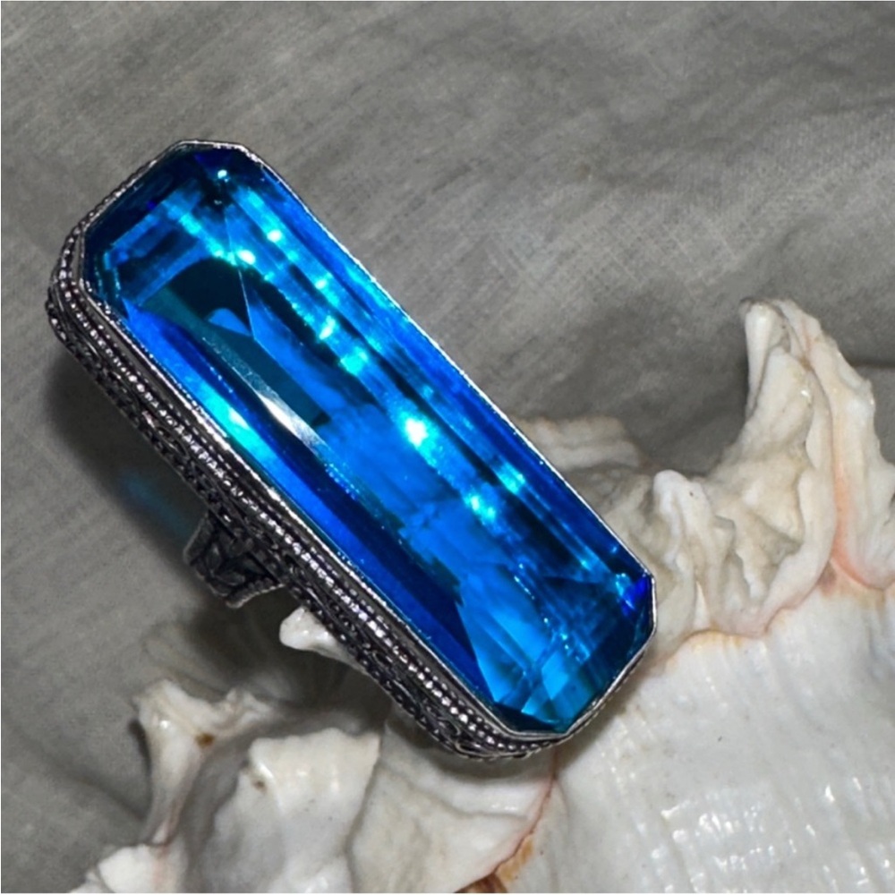 London Blue Quartz Elongated Facet Cut Statement Ring in 925 Sterling Silver